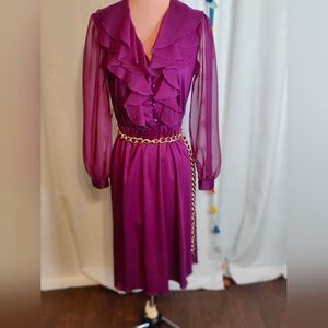 Flouncy modest striking Plum Midi Dress 70s Vintage sheer sleeves Ruffle chic S